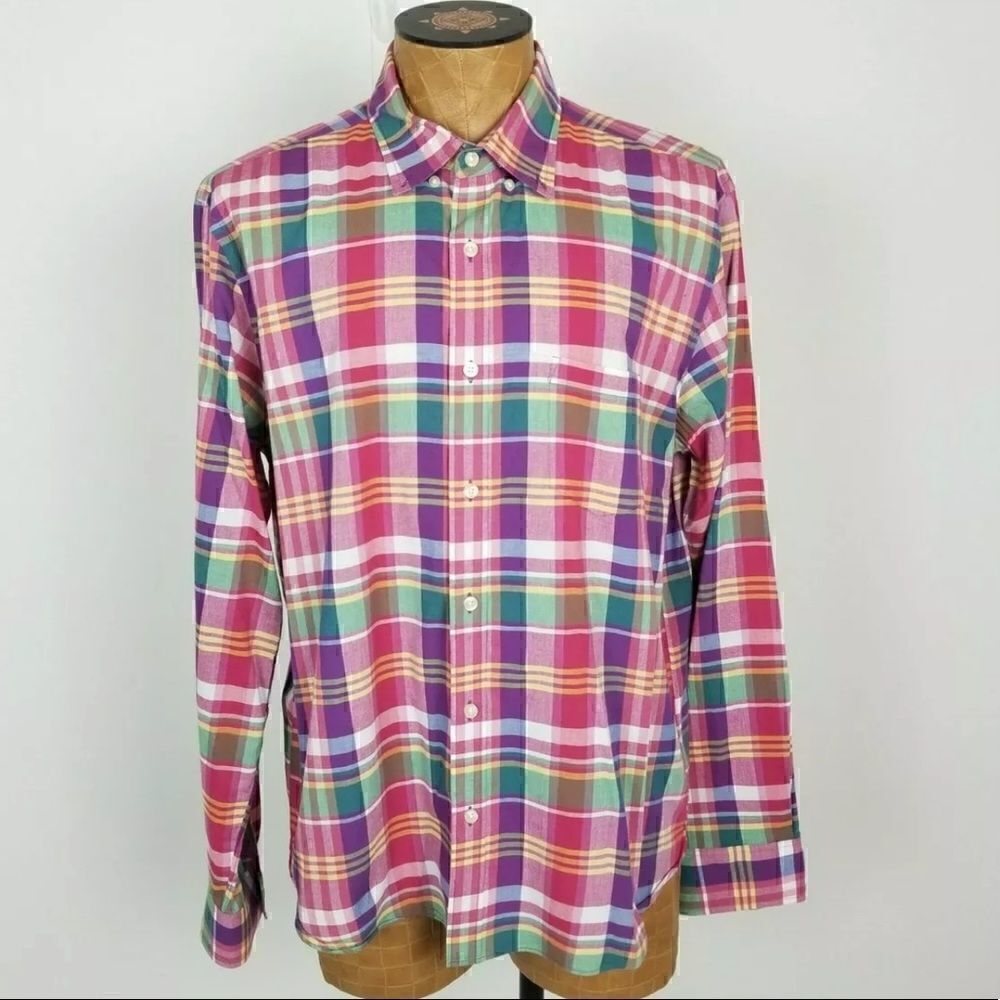 J. Crew Size XL Slim Fit Summer Plaid Button Down Shirt Pink Purple Green Blue
